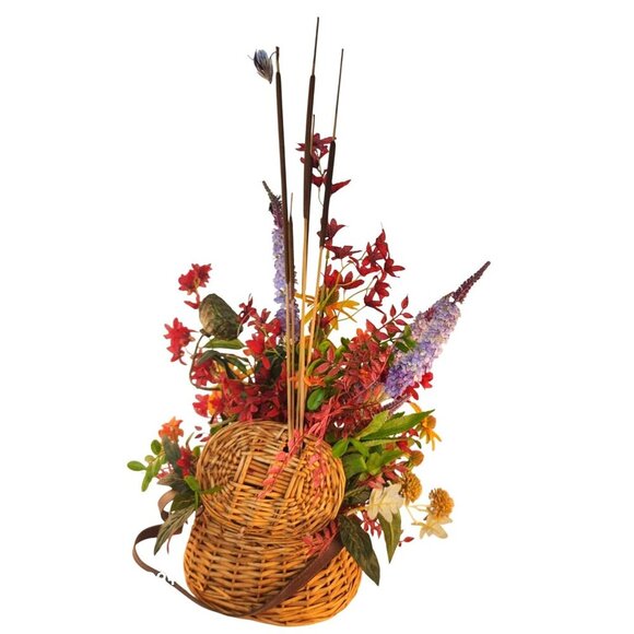 Artificial Floral Arrangement In Fishing Creel Basket With Vibrant Red Purple & - Picture 4 of 15